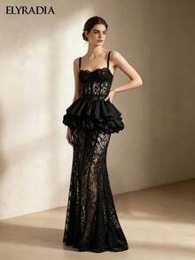 ELYRADIA Lady's Elegant Party Black Lace Dress, Formal Cocktail Dress, Corset With Fishbone Structure And Sheer Skirt, Suitable For Luxurious Dinner Occasions - Black - View 8
