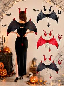 3/1pc Devil Costume Accessories Set For Women Devil Bat Wings Horn Headband & Pitchfork Adult Halloween Gothic Demon Fancy Dress Cosplay Party Outfit - Multicolor - View 2