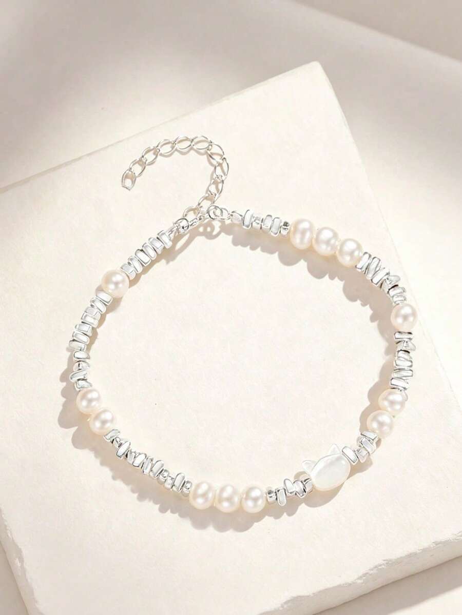 1PC Women's New Cat Charm Pearl Bracelet, Fashionable Lightweight Luxury High-End Wristwear, Stackable Multi-Purpose Accessory - Silver - View 1