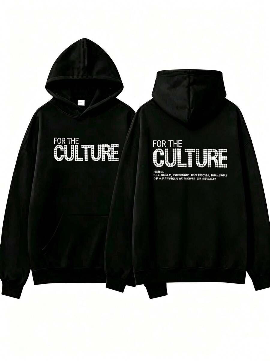 Y2K Retro Hoodie For Men, Brick Letter Pattern Hooded Sweatshirt, American Street Style Streetwear F - Black - View 1