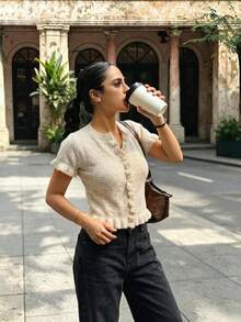 女款復古針織開襟衫，春夏風格，金屬鈕扣，優雅柔軟，適合休閒與度假 - 卡其色 - 查看 3