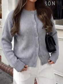 1pc Girls Casual Outdoor Solid Color Crew Neck Short Knit Cardigan Sweater, Thick, Suitable For Autumn/Winter - رمادي - مشاهدة 4