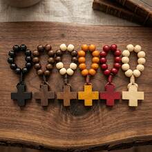 1/2/5pcs Natural Wooden Cross Pocket Rosary Jewelry Set, Prayer Bead Ring, Portable Religious Faith Accessory, Suitable For Daily Prayer And Church, Unisex, Wooden Bead Cross Pendant - Multicolor - View 6
