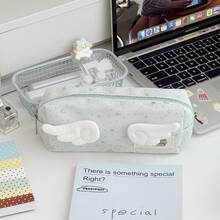 Cute 3D Wing Decor Star Pattern Pencil Pouch, Zipper Canvas Stationery Storage Bag, Back‑To‑School Supplies For School Girls - Star Pencil Case - View 9