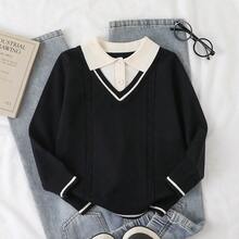 Baju Rajut Anak Laki-Laki Model Modis dengan Kancing, Warna Kontras, dan Motif Tali Kepang Hitam & Putih, Sweater Modis Potongan Longgar - Hitam - View 1