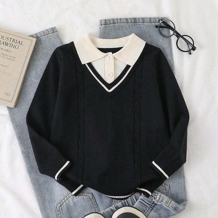 Baju Rajut Anak Laki-Laki Model Modis dengan Kancing, Warna Kontras, dan Motif Tali Kepang Hitam & Putih, Sweater Modis Potongan Longgar - Hitam - View 1
