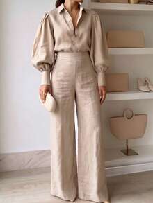 Women's Spring/Autumn Elegant Lantern Sleeve Solid Color Turn-Down Collar Blouse + High Waist Wide Leg Long Pants 2 Pieces Set - Apricot - View 5