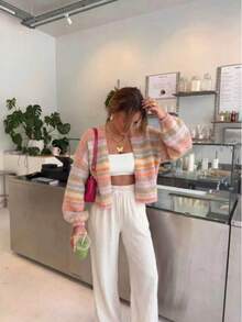 Women's Colorful Striped Knit Cardigan, Autumn Loose Soft Short Buttonless Outerwear, Vintage Slouchy Sweater Jacket - Multicolor - View 4