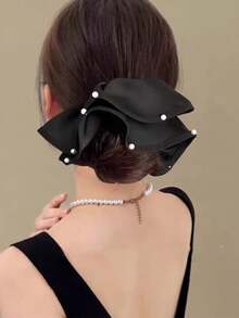 1pc Satin Pearl Lace Scrunchie, Pleated Fat Hair Tie For Bun And Low Ponytail - Black - View 2