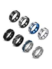 8PCS Simple Polished Stainless Steel Men's Rings, Punk Chain Spinner Rings, Versatile Men Jewelry For Daily Party Business Banquet - Multicolor - View 11
