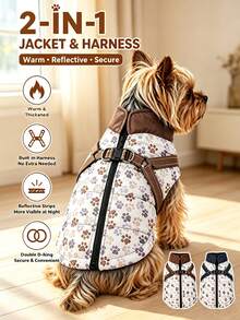 2-IN-1 Thickened Reflective Jacket & Harness For Pets Autumn/Winter Warm Paw Print Coat Dog Windproof Outdoor Clothes Suitable For Small Medium Dogs - Multicolor - View 1