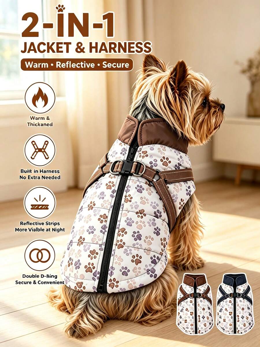 2-IN-1 Thickened Reflective Jacket & Harness For Pets Autumn/Winter Warm Paw Print Coat Dog Windproof Outdoor Clothes Suitable For Small Medium Dogs - Multicolor - View 1