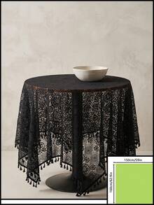 1pc Black Geometric Hollow Lace Tablecloth, French Vintage Style Lace Fabric Material, Round Tassel Edge And Exquisite Hollow Floral Pattern Detail Decoration, Beautification And Dust-Proof Function, Suitable For Daily Home And Vintage Dining Table Arrangement - Black - View 15