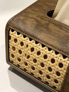 1pc Wood‑Grain Rattan Splicing Tissue Box Cover, Retro PU Leather Rectangular With Hollow Woven Panel & Snap Button, Dust‑Proof Storage Make Up Storage Organiser Desktop Decor, For Living Room Bedroom Hotel Daily Use All‑Season Household Ornament - Multicolor - View 9