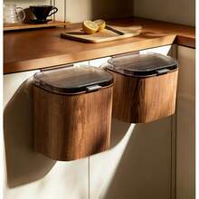 1PC Wall-Mounted Trash Can For Kitchen Cabinet, No-Drill Adhesive Trash Bin, Wood Grain Aesthetic Design, Large Horizontal Opening For Easy Waste Collection, Two Opening Methods: Flip Up Or Slide Down, Two Installation Options: Hook Or Adhesive, U-Shaped Slot Fits Most Cabinet Doors - Multi-color - View 1