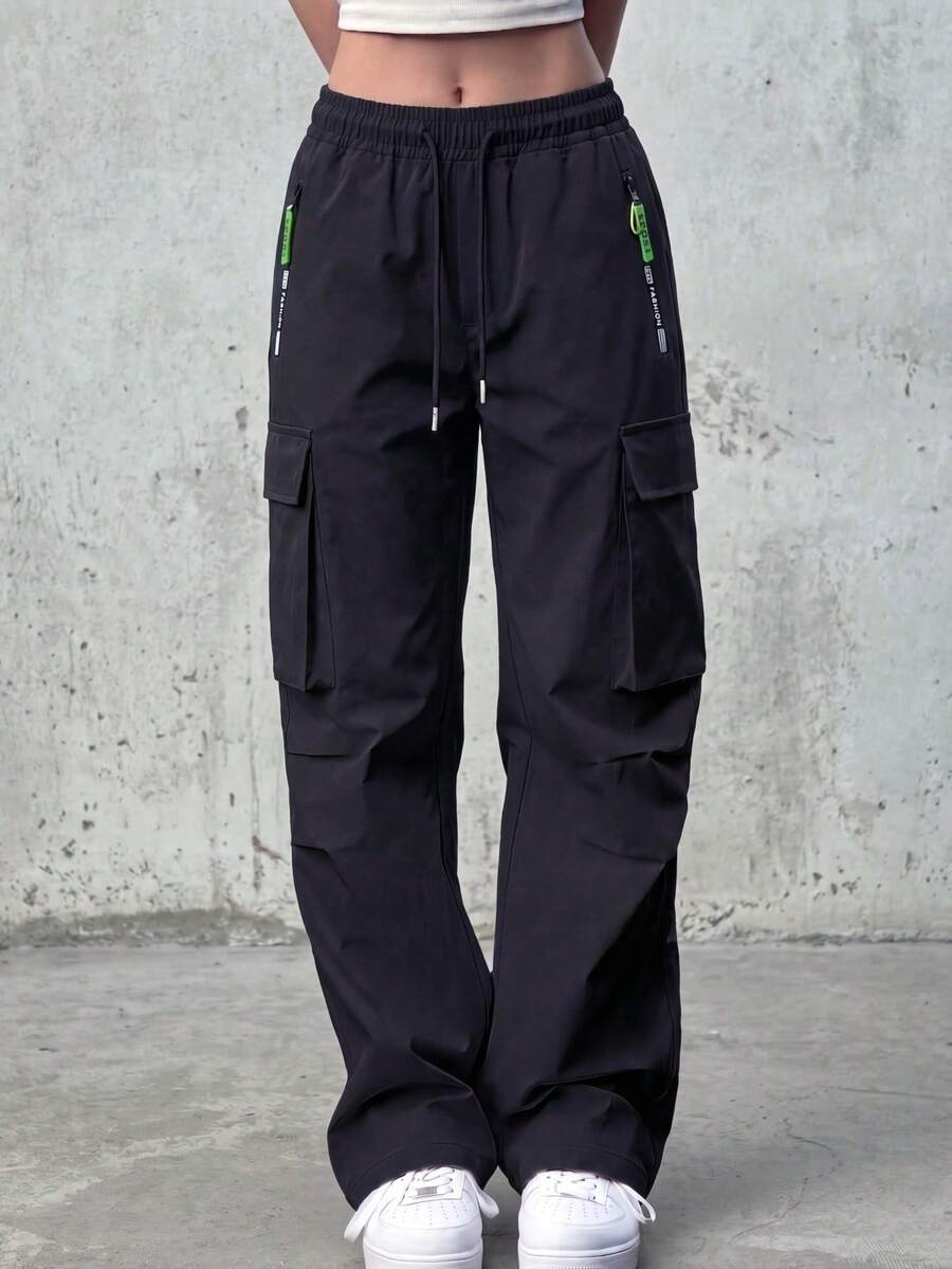 Knot & Curve Women's Outdoor Commute Cargo Pants Loose Slimming Straight Leg Elastic Waist Zipper Pockets Versatile Sports Long Pants - Black - View 1