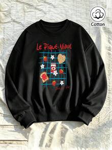 Vintage Retro Street Style Unisex Loose Fit Crew Neck Sweatshirt With Strawberry Waffle Toast Floral Print And French Text, Pure Cotton Breathable, - Black - View 4