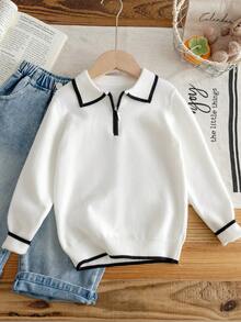 Boys' White Knit Sweater With Half-Zip Collar, Black Contrast Trim On Collar, Cuffs And Hem, Striped Design, Minimalist Preppy Style, Casual Versatile Pullover, Suitable For School Daily Wear In Spring, Autumn And Winter - White - View 2