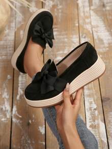 Women's New Bow Suede Thick Sole Comfortable Height-Increasing Wedge Shoes Beach Bow Home - Black - View 1