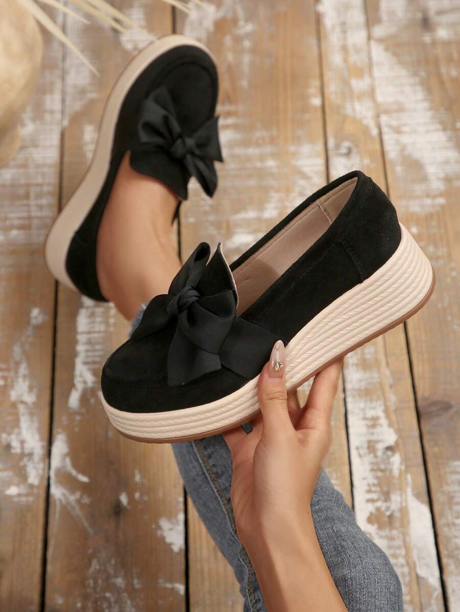 Women's New Bow Suede Thick Sole Comfortable Height-Increasing Wedge Shoes Beach Bow Home - Black - View 1