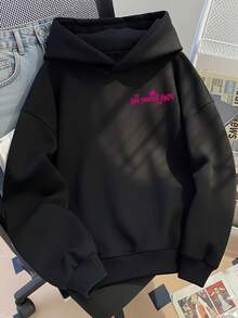 Sweet Cool Style Pink Heart English Slogan Back Print Hooded Sweatshirt Casual Loose Drop Shoulder Black Q Autumn Top - Black - View 3