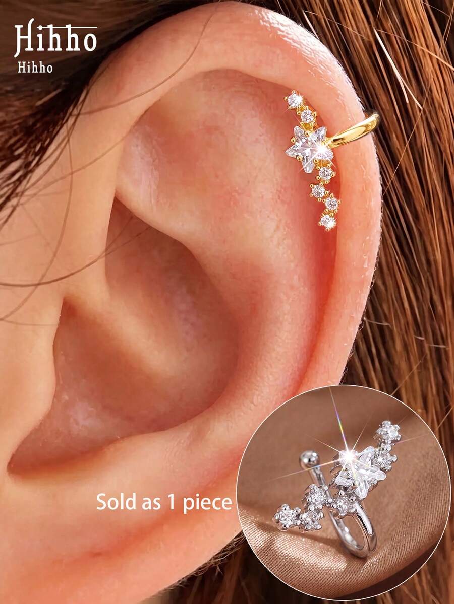 Hihho 1pc Luxury High-End Rhinestone Star Ear Clip, Fashionable Personalized Women's Star Ear Cuff, No Ear Piercing Required, Suitable For Daily, Holiday, Work, Commute Wear - Star Ear Cuffs - View 1