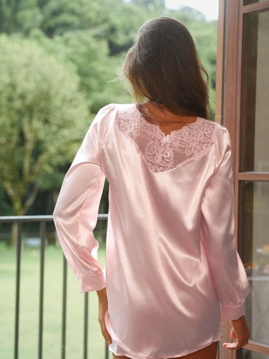 2-Piece Women's Satin Nightwear Floral Lace Splice Pajama Long Sleeve Button Open Front V Neck Top And Shorts Home Loungewear Romantic Sleepwear Set - Pink - View 1