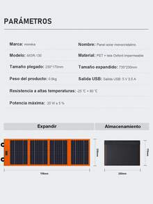 MOREKA Panel solar monocristalino plegable para exteriores, fuente de alimentación de emergencia para exteriores, panel solar monocristalino de PET, tela Oxford impermeable, chip de carga inteligente. - MOR-130 - Ver 4