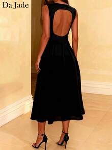 Da Jade French Style Sleeveless Boat Neck Midi Dress, Back Cutout, A-Line Waist With Flared Skirt, Smooth And Luxurious, Classic And Elegant, Suitable For Dinner Dates, Wedding Guests, Cocktail Party Looks - Black - View 4