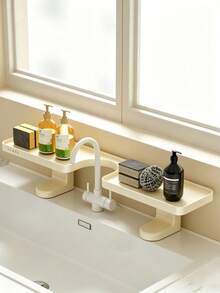 1pc Solid Color Sink Faucet Surround Storage Rack, Modern Plastic Irregular With Adjustable Split‑Tray Design, Space‑Saving Organizing Make Up Storage Organiser Bathroom Shelf, For Vanity Countertop Washroom Daily Use All‑Season Home Decor - Multicolor - View 5