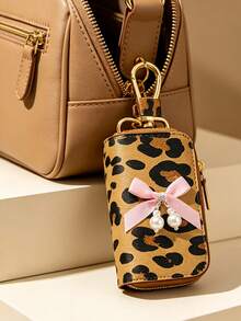 Multi-Functional Key Bag, Adorned With Pearl Bow Decorations, Leopard Print Key Pouch, Zipper Key Storage Bag, Car Key Chain, Compact Key Wallet, Key Chain, Zipper Key Storage Bag, Halloween Gift, Teacher's Day Gift, Small Gift, Key Chain, Key Chain, Suitable For Women, Car Key Chain, Suitable For Men Mini Wallet - Multicolor - View 4