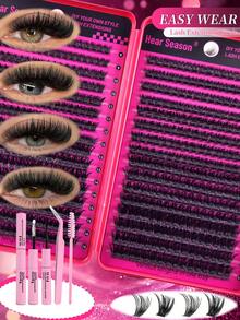 640/544 Clusters D Curl Single Stem False Eyelashes Large Capacity Set, Beginner-Friendly Classic Y-Shape DIY Home Lash Extension, Reusable Mixed Style (Includes Adhesive & Setting Liquid, Tweezers & Lash Brush), Natural Fluffy Cluster Lashes, Suitable For Daily And Evening Party Makeup - Hot Pink - View 5