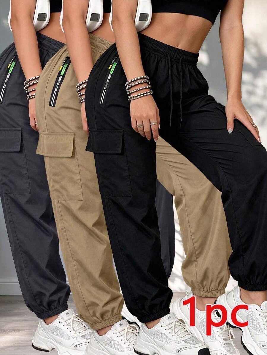 Celana Jogger Kargo Kasual Wanita dengan Tali Pengikat, Ringan dan Bernapas, Dirancang dengan Kantong Kapasitas Besar, Warna Hitam - Hitam - View 1