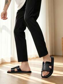 2026 Summer New Men's Versatile Crocodile Pattern Patchwork H-Shaped One-Strap Flat Casual Slide Sandals - Black - View 9
