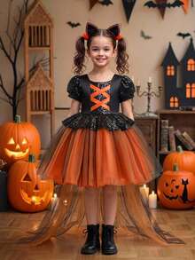 Young Girls Puff Sleeve Black Sequin Contrast Mesh Halloween Party Princess Dress With Train, Suitable For Prom, Does Not Include Headband And Bag - Orange - View 1