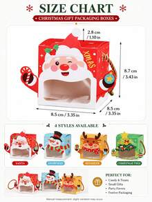 4pcs Reusable Christmas Gift Boxes, Portable Rope Handle Paper Boxes With Transparent Window, Cute Christmas Cartoon Pattern, Holiday Party Supplies, Suitable For Apples, Candies, Small Gift Packaging - Multicolor - View 6