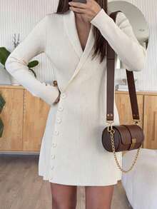 Elegant Women's White Knit Wrap Sweater Dress, Button Design, Long Sleeve Short Flared Hem, Perfect Choice For Autumn - Light Apricot - View 4