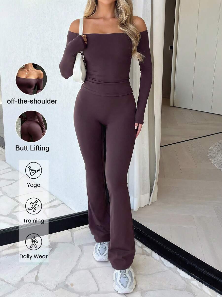 Aoqta Sports Women's Fall Casual Cold Shoulder 2 Pieces Set,Sexy Solid Color Long Sleeve Top & High Waist Slim Fit Flare Pants,For Yoga,Daily Wear - Purple - View 1