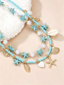 NAIZHU 2pcs Children's Ocean Series Beach Shell & Starfish Pendant Necklace Set, Suitable For Daily Wear, Vacation Accessory Gift - Blue - View 2