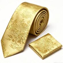 Juego de corbata para hombre, juego de corbata y pañuelo de bolsillo de moda clásica, adecuado para bodas, negocios y banquetes - Dorado - Ver 2