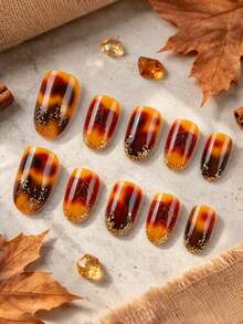 24pcs Short Oval False Nails, Amber Maple Leaf Gold Foil Vibe Wearable Nails, Full Coverage Removable Nail Set, Perfect For Ladies' Parties, Proms, And Everyday Wear - Multicolor - View 4