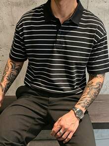 Men's Horizontal Striped Short Sleeve Polo Shirt, Breathable Knit Fabric, Casual Classic Fit Daily Top - Black - View 1