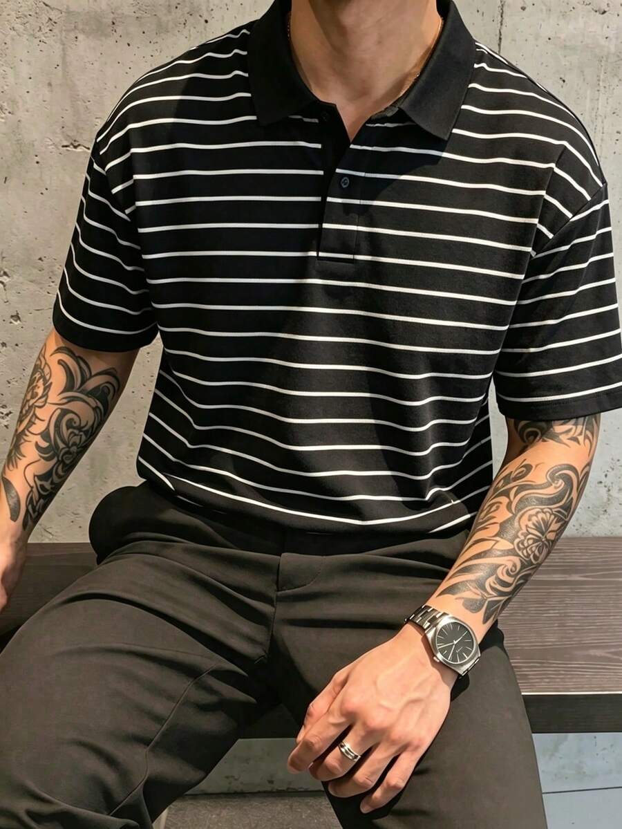 Men's Horizontal Striped Short Sleeve Polo Shirt, Breathable Knit Fabric, Casual Classic Fit Daily Top - Black - View 1