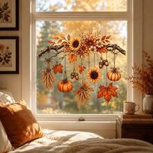 1PC Fall Autumn Village Static Window Stickers, Cute Harvest Houses Maple Leaf Pumpkin Acorn Flying Birds Decal, Static Cling No Glue Easy Removable, For Glass Window, Door, Shop Window, Home Thanksgiving Decor - Multicolor - View 8