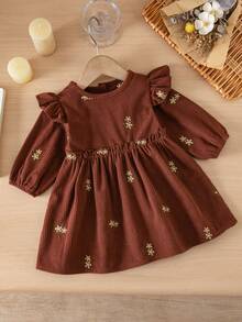 1pc Baby Girl Coffee Color Floral Embroidery Dress, Flutter Sleeve High Waist Ruched Vintage Toddler Dress - Coffee Brown - View 13