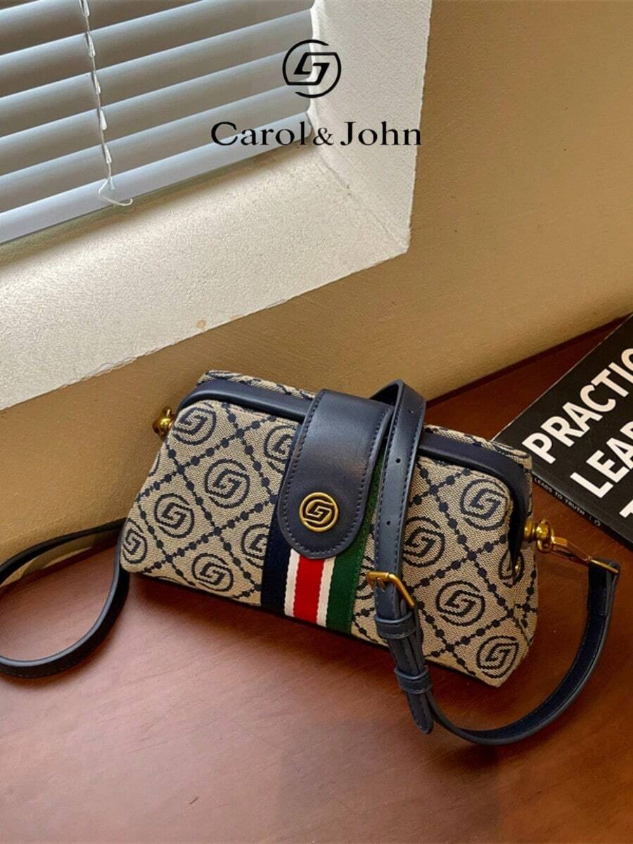 Vintage Jacquard Doctor Bag With Contrast Color Webbing, Magnetic Closure Small Square Crossbody Bag With Adjustable Shoulder Strap For Commute