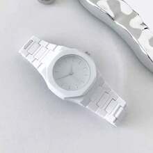 1pc Men's Octagonal Minimalist Quartz Watch, Pure White Minimalist Dial, Integrated All-White Strap, Large Size Business Casual Daily Wear Watch, Unisex Gift - White - View 2