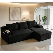 Modular 3-Seater Corduroy Sectional Sofa With Extra Large Chaise Lounge, Deep Seat Design, No Assembly Required, Ideal For Living Room & Bedroom - Black - View 15