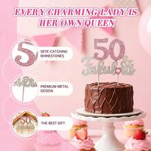 Pink Rhinestone 50 & Fabulous Cake Topper, Sparkling 50th Birthday Cake Decoration With Heart For Women, Party, Anniversary & Celebration - Style a - View 2