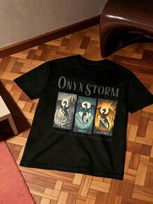 Onyx Storm Dragon Fantasy Cotton Blend Unisex Graphic Tee, Triple Dragon Vintage Poster Print, Dark Fantasy Oversized Summer Top, Book Fan Gift - Black - View 6